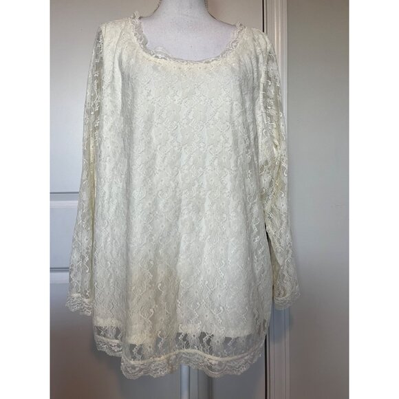 Woman Within Tops - Vtg Woman Within Ivory Lace Long Sleeve Top 2X Stretch Sheer Sleeve Lined Boho